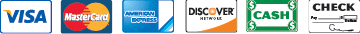 We accept Visa, MasterCard, American Express , Discover , Cash and check We accept Visa, MasterCard, American Express , Discover , Cash and check